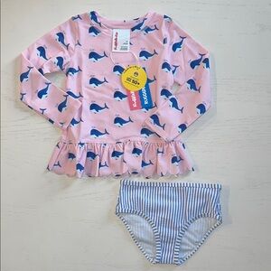 Rufflebutts Pink Whale Rash Guard Swimsuit Set 3T 4T 5